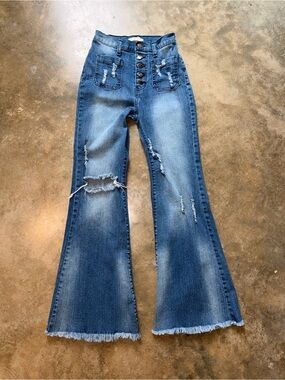 Vibrant High Rise Distressed Flare Jeans Button Fly Medium Wash 25